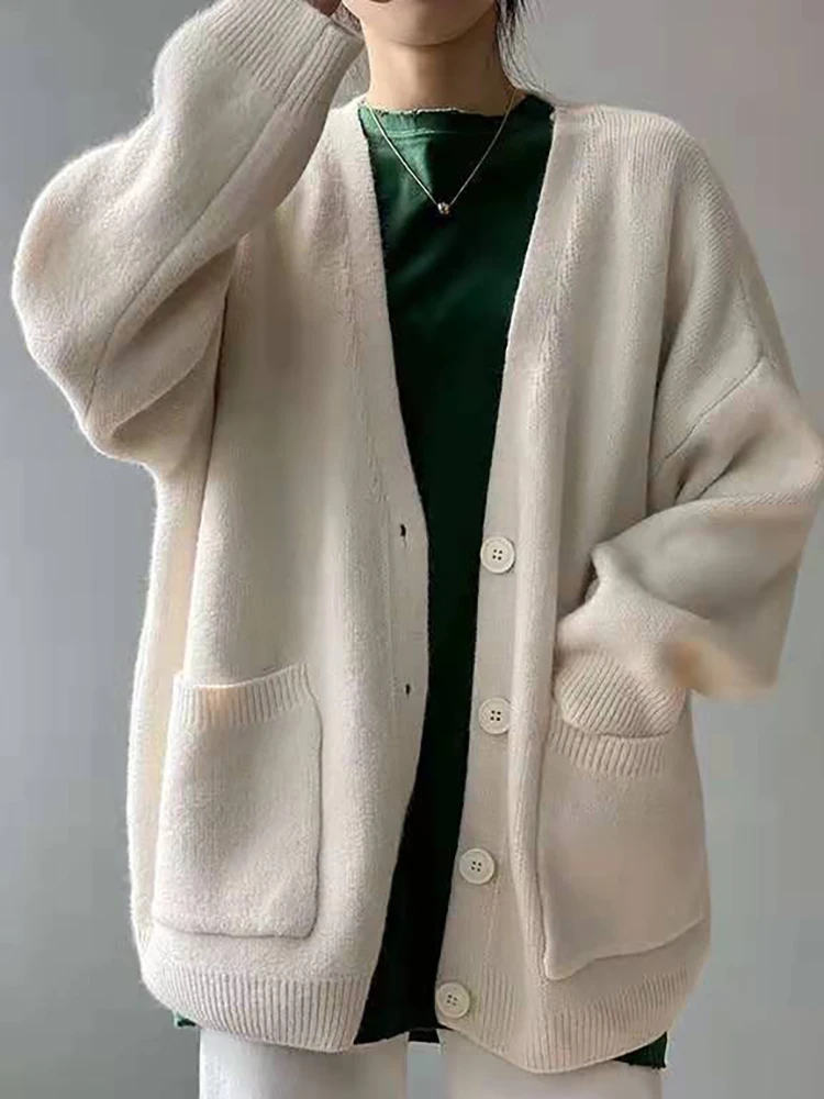 

Knitted Cardigans Women Solid Color Winter Sweater Ladies V Neck Long Sleeves Coats Female Loose Elegant Tops Sueter Feminino