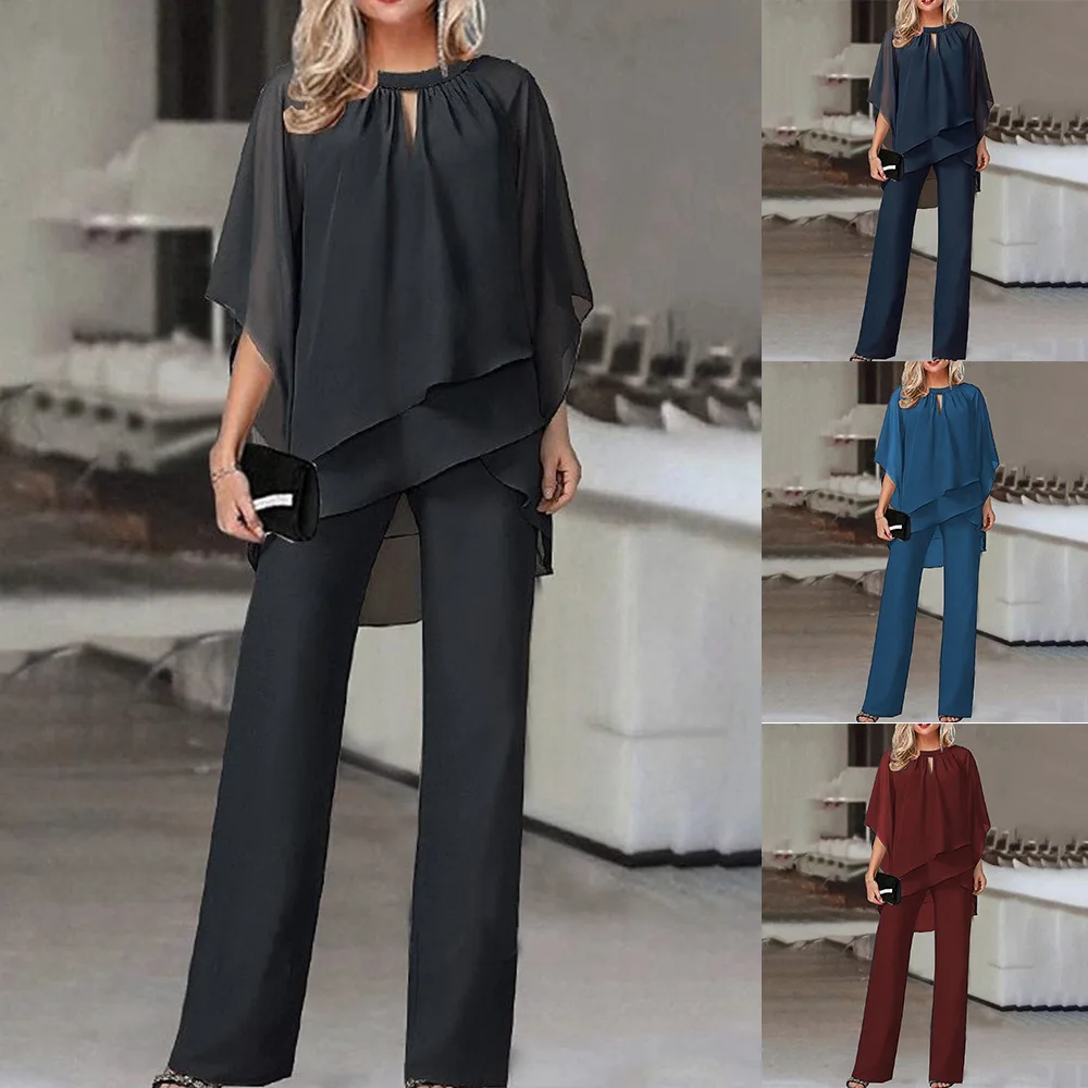 

Women's Office Commuter Two Piece Set Elegant New Loose Straight Leg Pants Casual Off Shoulder Ruffled Irregular Party Set