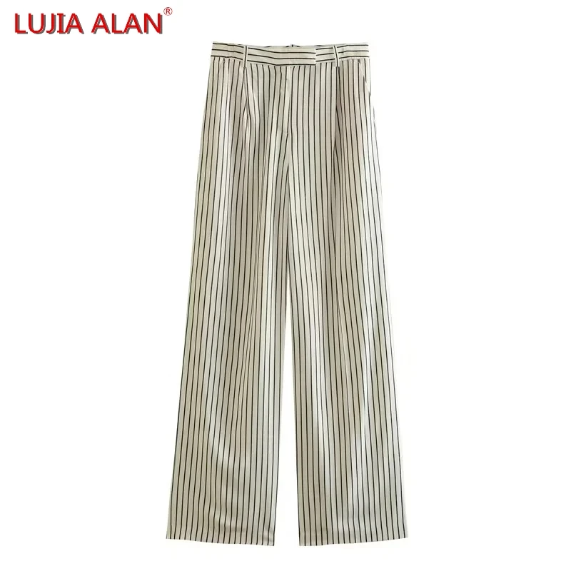 

Summer New Women's Striped Wide Leg Pants Female Casual High Waist Loose Trousers LUJIA ALAN P3856