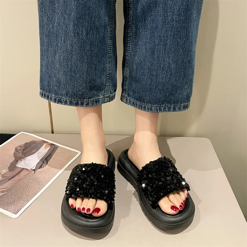 Fashion Black Slippers Women Thick Platform Indoor Sequin Slipper Women Soft PVC Anti-slip Home Floor Slides Ladies Summer Shoes