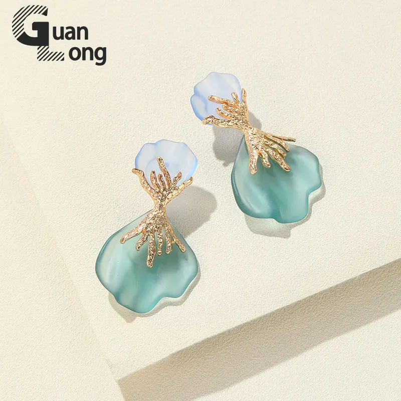 

GuanLong Korean Long Gold Color Metal Resin Earrings for Women Trending Wedding Big Cute Flower Drop Earrings Dangle Brincos New