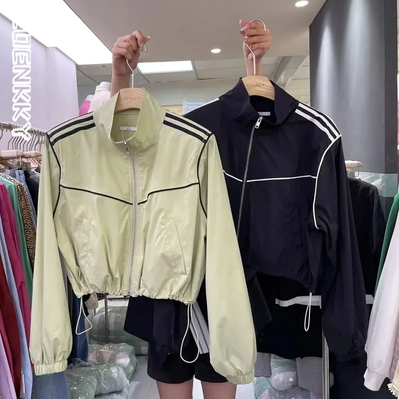

Sports Cropped Jacket Women Harajuku Stripe Zipper Outwear College Style Casual Stand Collar Retro Casual Autumn Coats New 2023