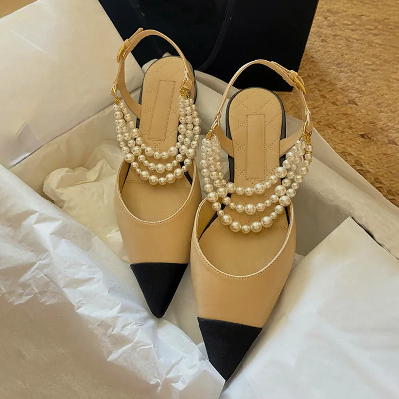 

2022 style Luxury Pearls Chains Women Pumps Fashion Mixed Color Slingbacks High heels Elegant Summer Female Wedding Bridal Shoes