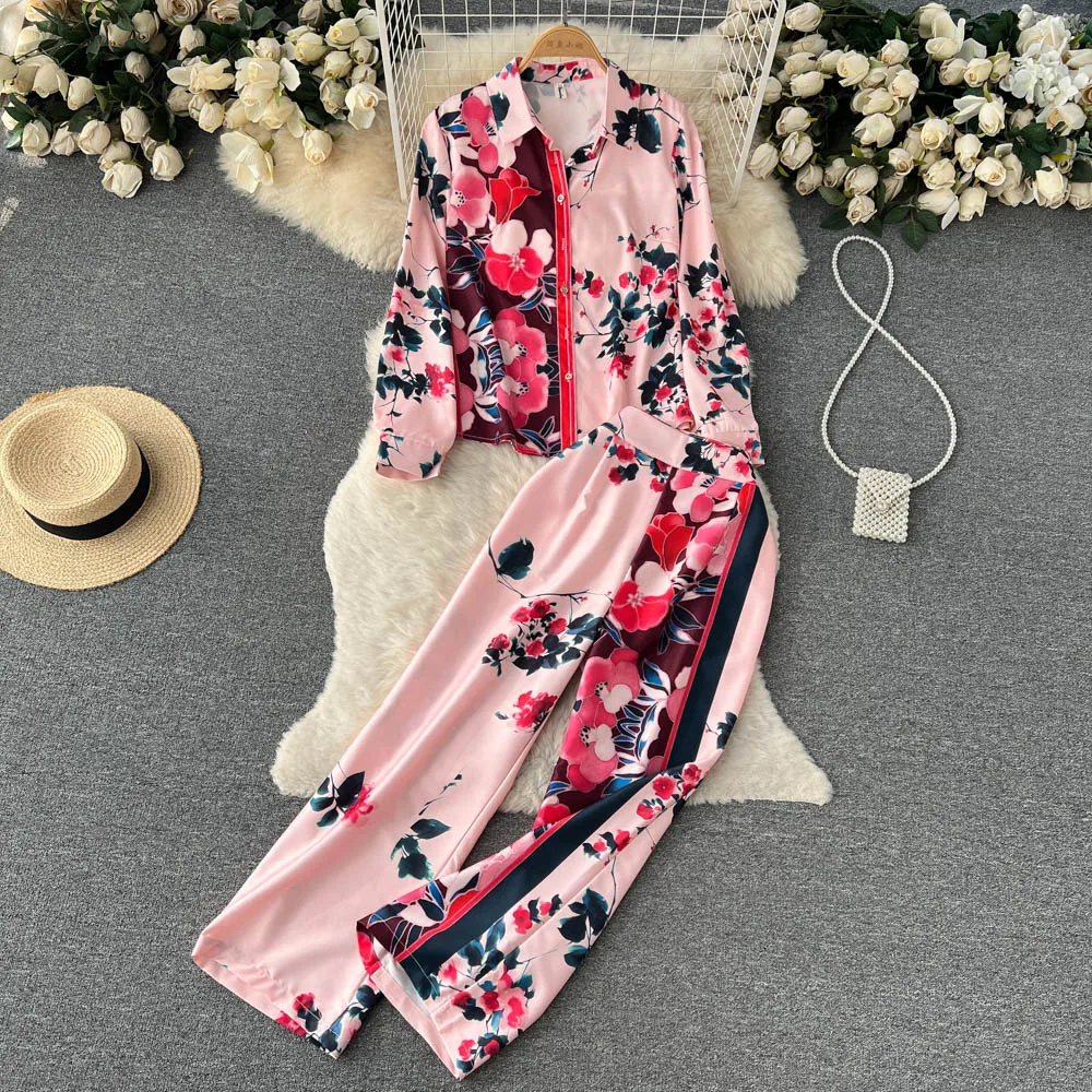 

Новинка осени рубашка с отворотом с принтом в китайском стиле + драпированные широкие брюки с высокой талией шикарный комплект из двух пред...