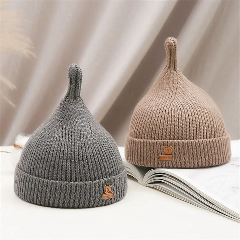 

Solid Color Bear Drop Shape Baby Hat Autumn Winter Warm Toddler Knitted Beanies Soft Thicken Crochet Infant Girl Boy Bonnet 0-1Y