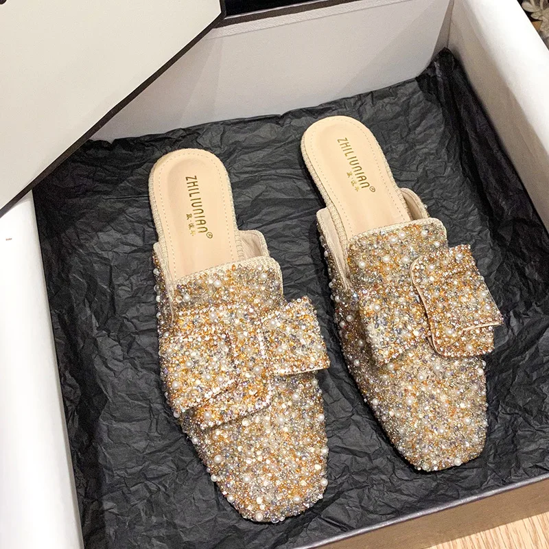 

Low Slippers Soft Shoes Mules For Women 2023 Glitter Slides Cover Toe Fashion Pantofle Comfort Jelly Luxury New Flat Hoof Heels