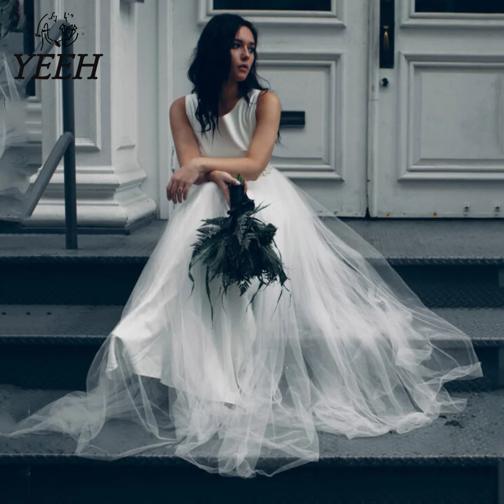 

YEEH Elegant Wedding Dresses For Women Simple Tulle Bridal Gowns Sexy Cut Out Backless Satin A-Line Tulle Modern Robe De Mariée