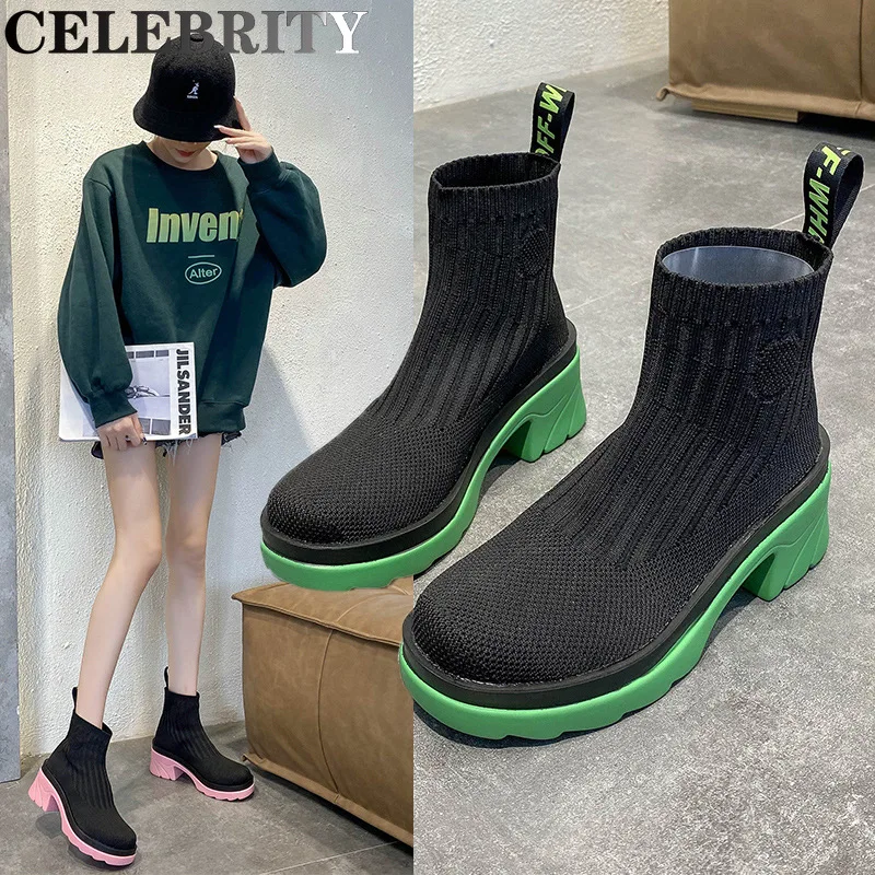 

Flying Knitting Socks Boots Ladies 2022 Spring New Fashion Simple Short Tube Thick Bottom Casual Breathable Boots