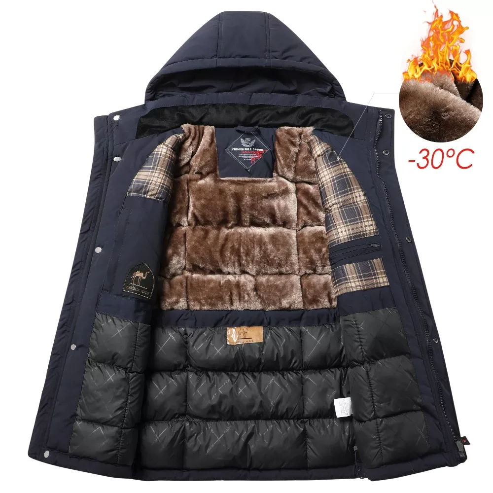NEW Winter New Casual Long Thick Warm Fleece Hat Waterproof Parkas Jacket Coat Men Outwear Outdoor Fashion Pockets Parka Male