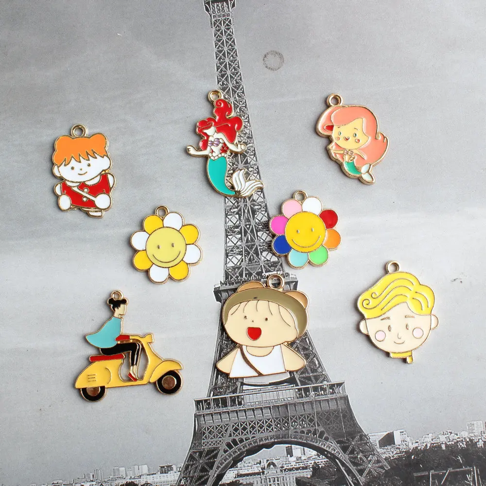 

10Pcs Cartoon Little Girl Boy Metal Enamel Charms Sun Flower Mermaid Pendants Ornaments for Bracelet Earrings Jewelry Making