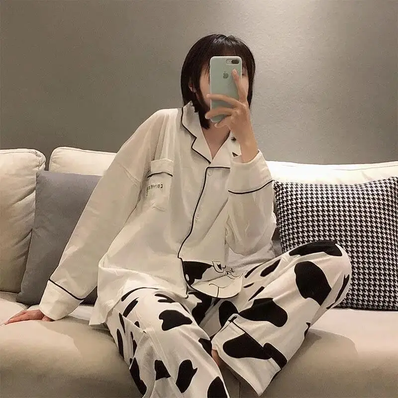 Cotton Pajamas Bow Print Lapel Pajamas Sexy Underwear Women's Home Clothes Pajamas 2-piece set women's pajamas