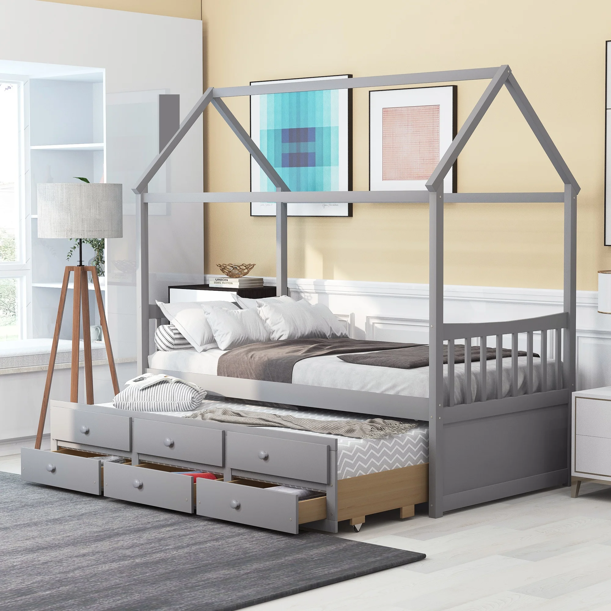 

Home Modern Minimalist Wooden Bedroom Furniture Beds Frames Bases Twin Size Wooden House Bed With Trundle 3 Storage Drawers Gray
