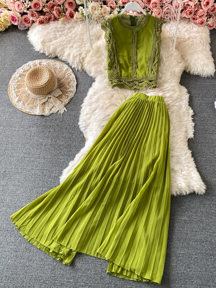 

FTLZZ New Summer Women Solid Two Piece Sets Casual O-neck Sleeveless Lace Crop Top and High Waist Pleated Skirt