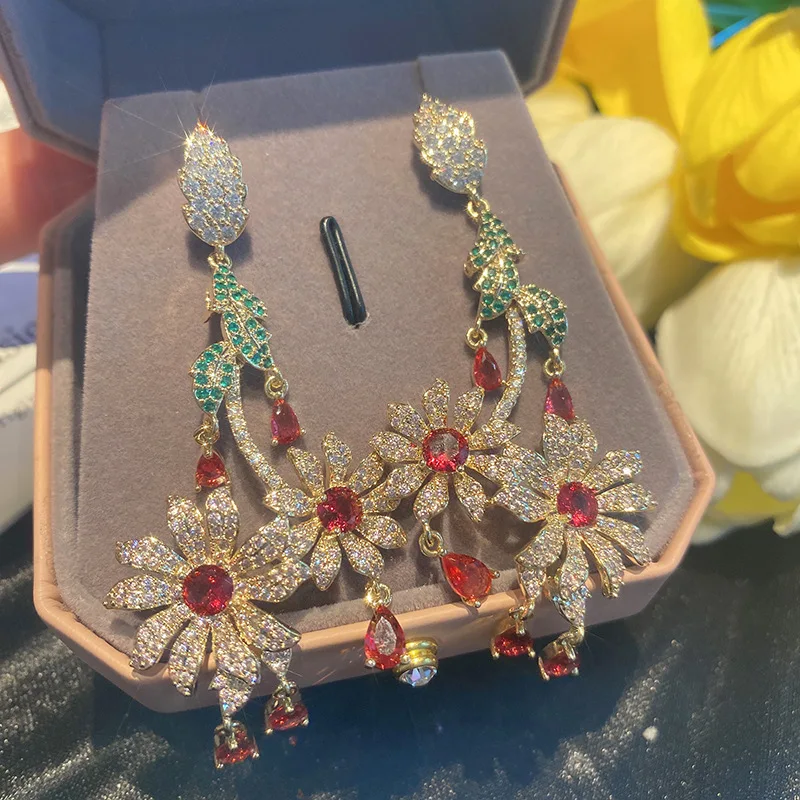 

2022 Original Exaggerated Big Flower Drop Earrings for Women Stunning Crystal Zircon Pendant Earing Female Wedding Party Jewelry