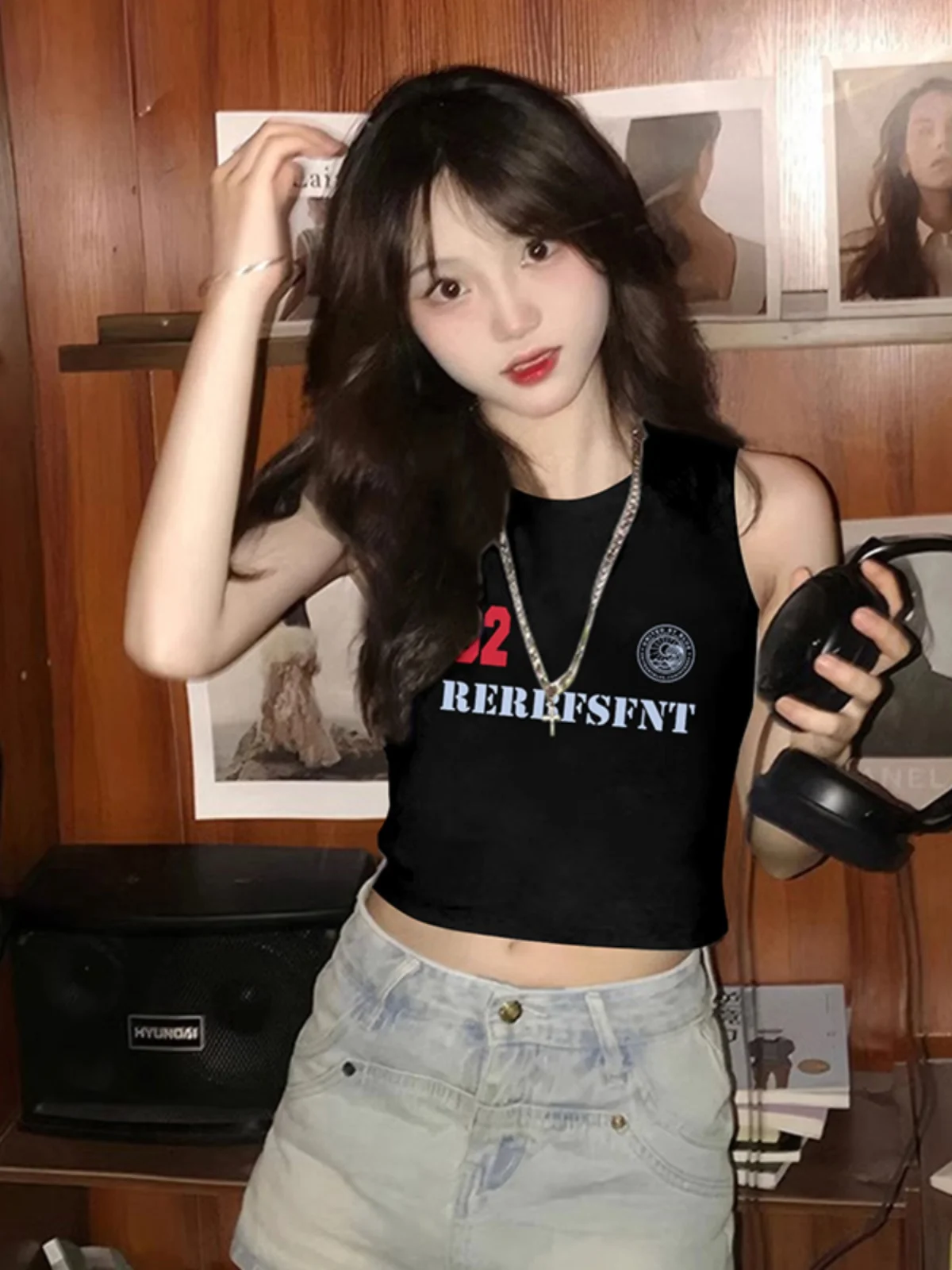 Женский короткий топ без рукавов Gyaru черный Уникальный Шикарный с завышенной