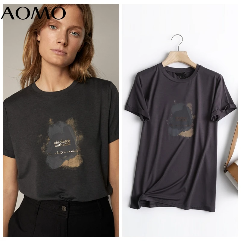 

AOMO 2021 Summer Women Print Vintage Black Cotton T Shirt Tees High Quality Ladies Casual Tee Shirt Street Wear Top 6D36A