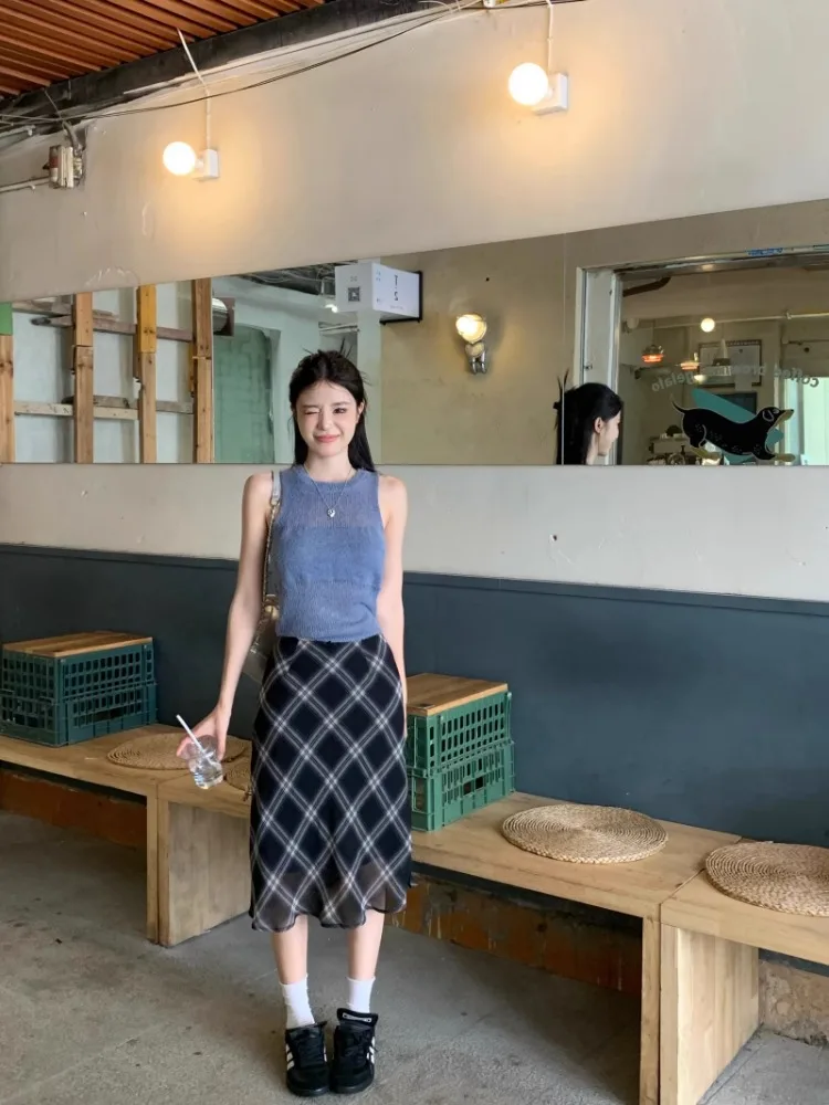 Винтажная клетчатая юбка Korobov Y2k Корейская контрастных цветов в клетку женские