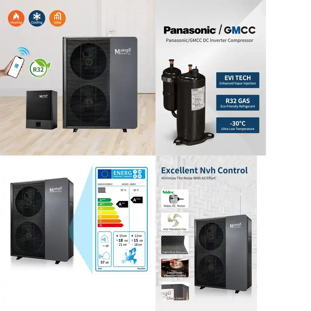 Фото Тепловой насос 9кВт 12кВт 22кВт EVI R32 Split DC Inverter, высокоэффективный, солнечный, воздух-вода, безрезервуарный, для нагрева воды №1