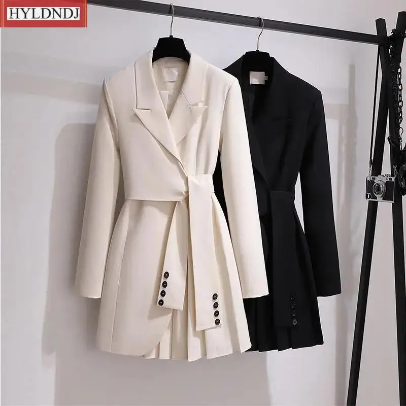 

2023 New Spring Autumn Windbreaker Coat Female Black Creamy-White Belt Blazer Vintage 4Xl Fashion Trench Coat Dress Women