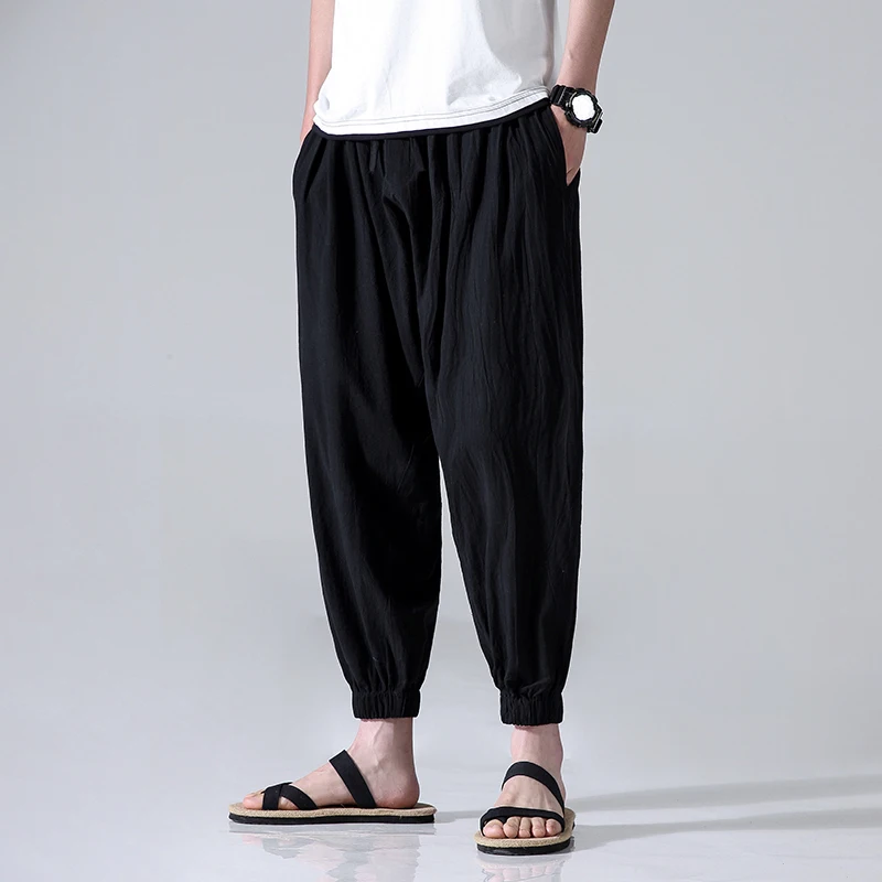 

summer new men's cotton and linen large size casual pants fashion elastic waist men's leggings pants outdoor sports pants