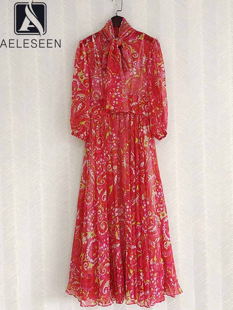 

AELESEEN Fashion Designer 2022 Spring Summer Long Dress Women Red Flowers Printed Bow A-Line Full Elegant Chiffon Vestidos