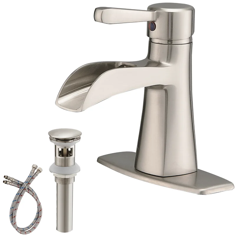 

Waterfall Single Hole Single-Handle Low-Arc Bathroom Sink Faucet with Pop-up Drain Assembly In Brushed Nickel