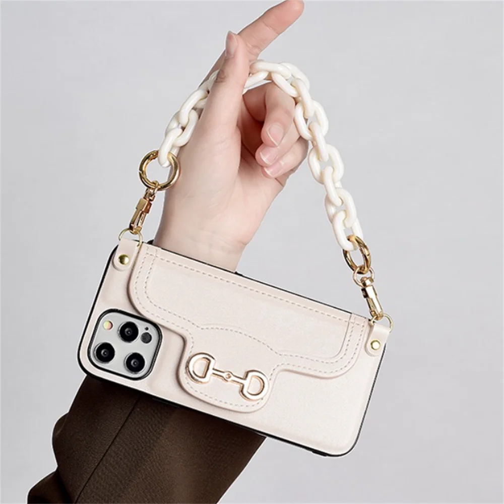 For iPhone 14 Card Bag Leather Case With Chain For ip 13 12 11 Pro Max X XS Max 7 8 14 Plus SE Camera Protection Stand Cover
