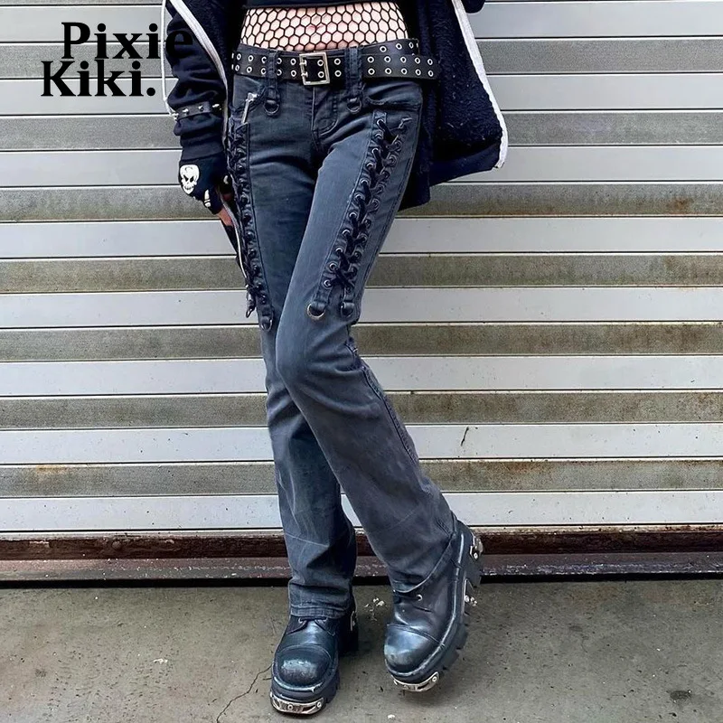 

PixieKiki Cross Strap Lace Up Low Rise Jeans Woman Grunge Denim Trousers Streetwear Spring 2022 Womens Fashion Pants P77-FC55