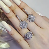 2pcs pack silver color bride jewelry set halo engagement ring round stud earring for wedding christmas gift party j7618