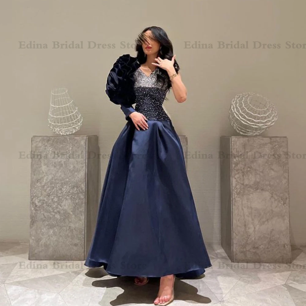 

Classic One-Shoulder Sleeve Evening Dress for Women A-Line V-Neck Flowers Beading Luxury Party Gown Long robes bal de promo