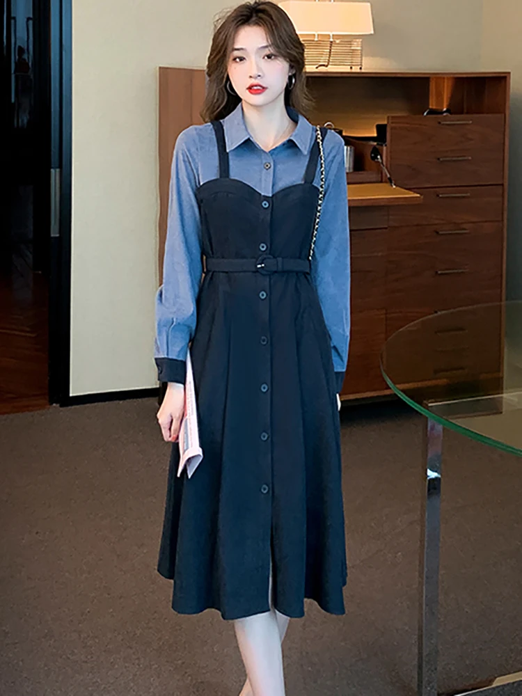 

Осенне-зимнее модное платье миди с имитацией двух частей в стиле пэчворк, женское шикарное офисное платье, женское платье 2023, корейские элег...