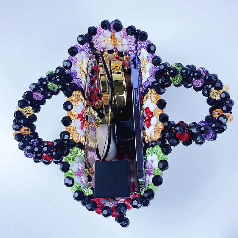 Colorful Acrylic Beaded Handbag Ethnic Style Hand-woven Contrast   Plaid Square Bag Chain Crossbody Bag Knitting Shopper Purses