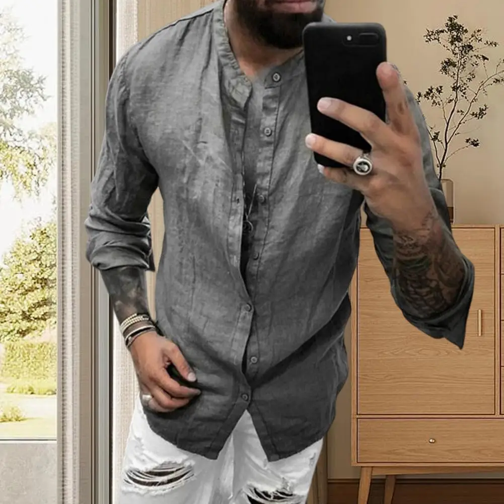 

Men Shirt Long Sleeve Single-breasted Summer Top Solid Color Buttons Stand Collar Male Shirt Stylish Mid Length Loose Top