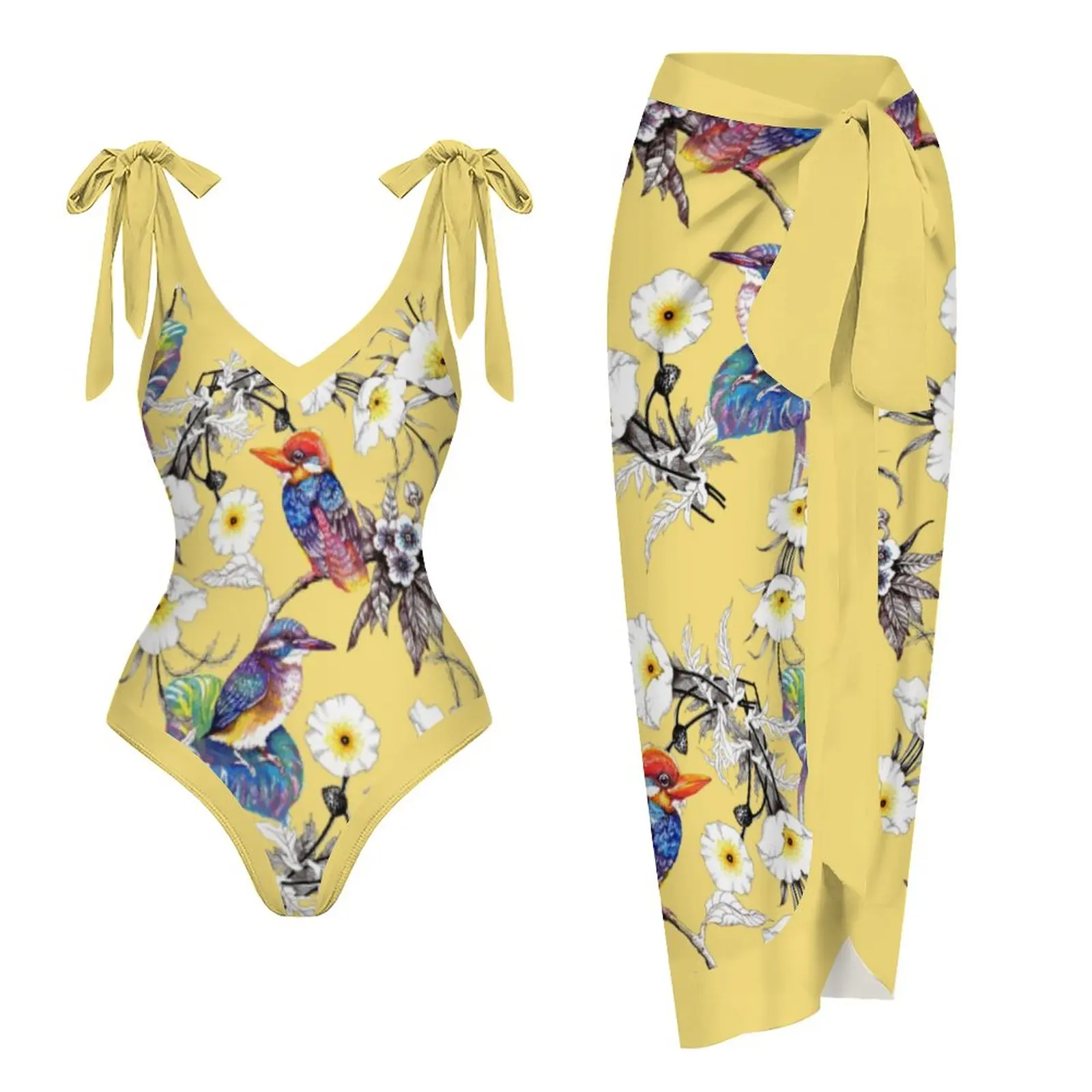 Women Swimsuit Bowknot Retro One Piece Swimwear Floral Printed 2023 Polyester Elegant Brazilian Summer Bathing Suit And Cover Up