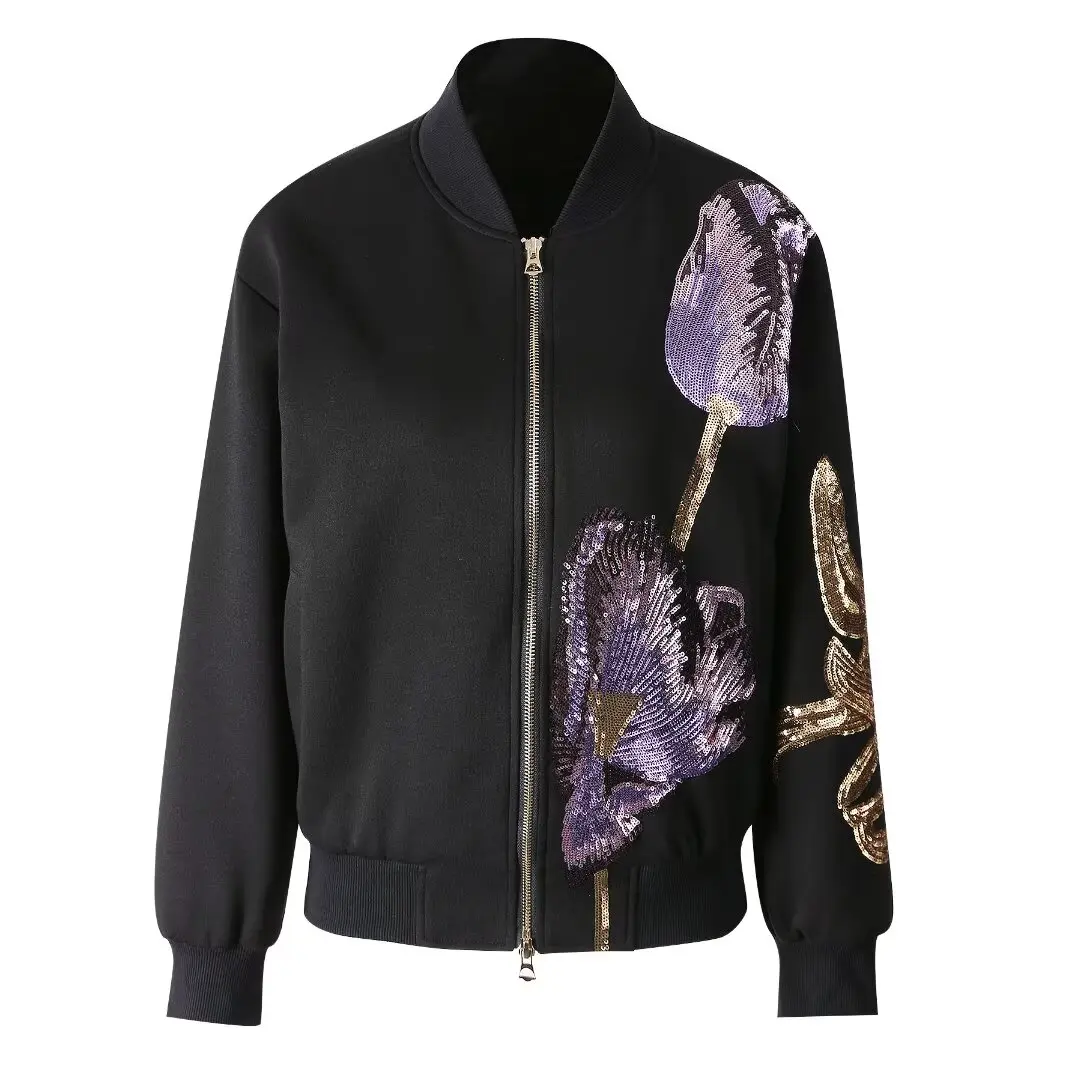 SEQINYY Elegant Loose Jacket Spring Autumn New Fashion Design Women Runway Embroidery Flower Sequined Casual Top High Street