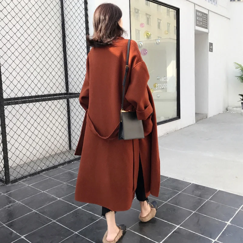 

Winter Windproof Woolen Blends Long Thicken Lady Belt Outerwear Loose Side Split Korean Female Winter Women Winter Warm Coat