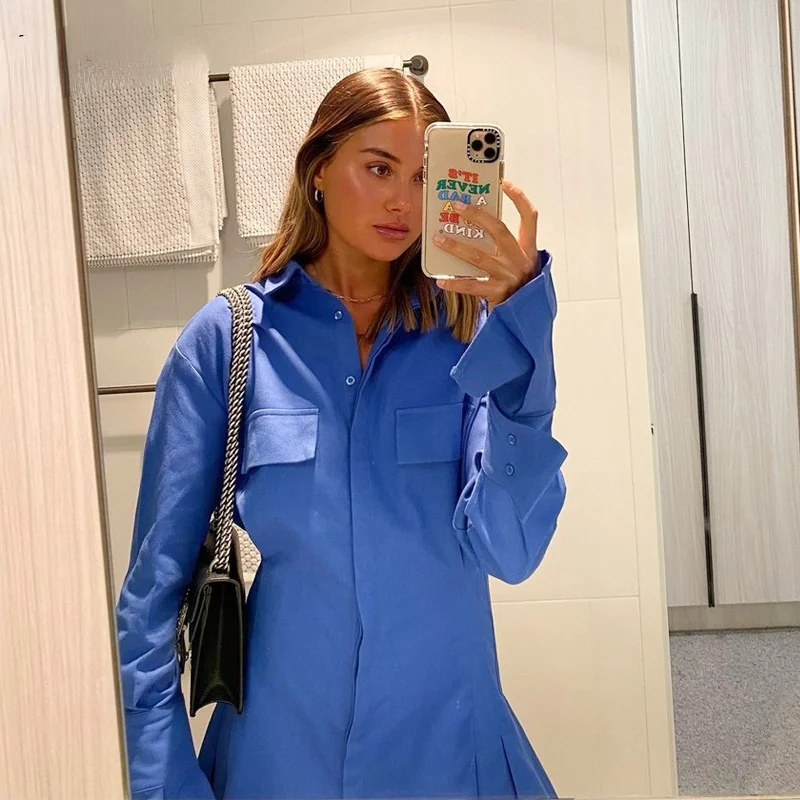 

Elegant Blue Cotton Shirt Dress Women 2021 Autumn High Fashion Solid Color Flared Sleeve Bodycon Mini Dresses OL Vestidos