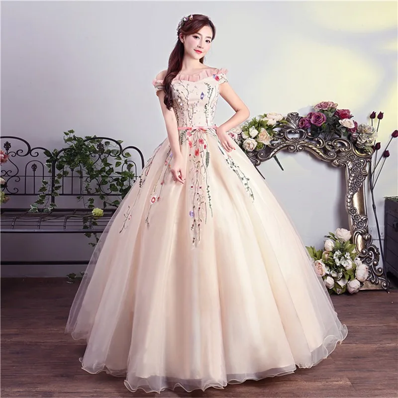 

Новые платья Quinceanera, милое классическое Розовое Бальное Платье с открытыми плечами и цветным цветочным рисунком, на заказ, Ballkleid
