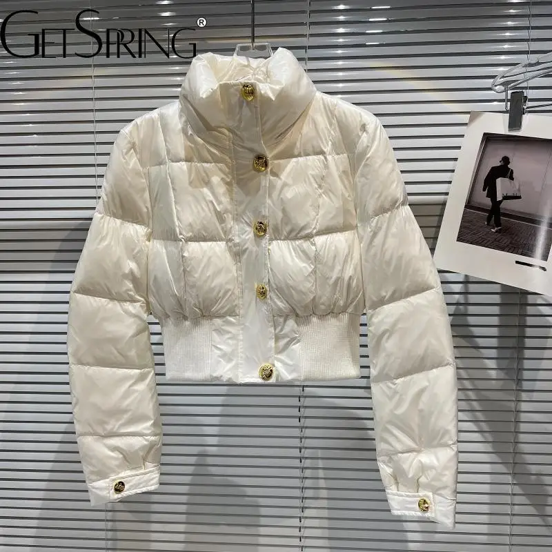 

GetSpring женский пуховик 2022 Ретро металлическая пряжка воротник-стойка приталенная женская зимняя куртка однотонные Универсальные женские Те...