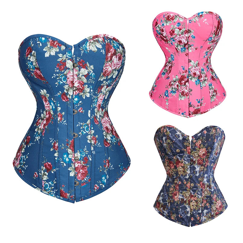 

Vintage Corset for Women Blue Denim Corset Bustier Overbust Floral Printed Corset Top Fashion Corsets for Women Plus Size
