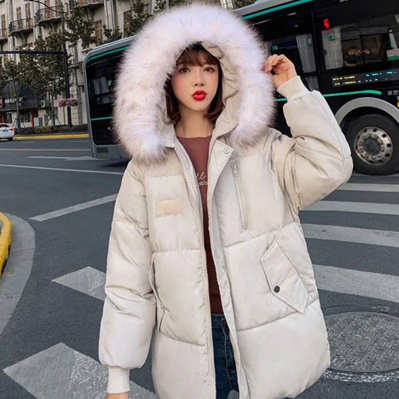 Fashion Fur Collar Warm Cotton Padded Clothes Medium Long Women's Winter Coat Thickened Student Loose Quilted Bread Jackets