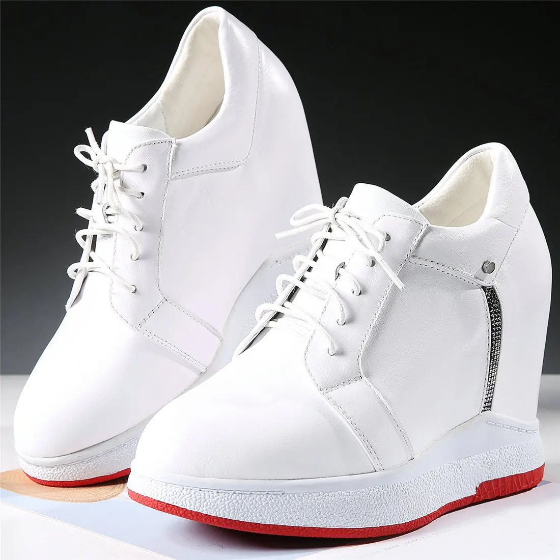 Casual Shoes Women Lace Up Genuine Leather Wedges High Heel Pumps Female Round Toe Platform Fashion Sneakers Rhinestones Loafers