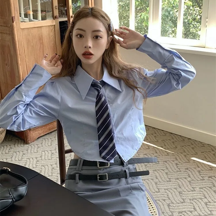 Белые укороченные рубашки в стиле преппи Женская корейская модная блузка с
