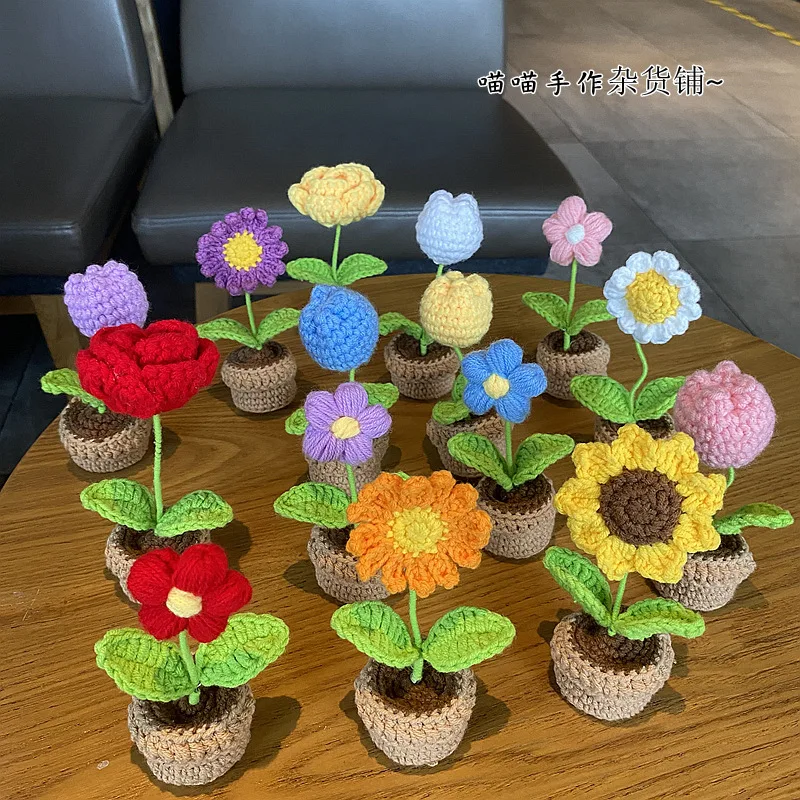 

Diy Hand-woven Mini Potted Flower Wool Crochet Material Package Finished Product Decor Kawaii Accessories Home Decor
