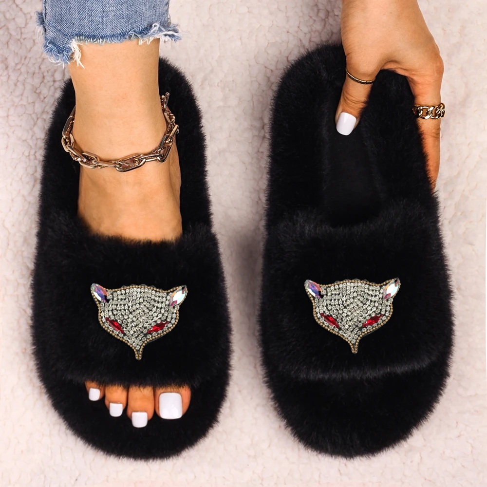 Furry Slippers Women Sandals High Quality Faux Fur Slides Platform Flip Flop Rhinestone Fox Decor Fluffy Slippers Designer Shoes