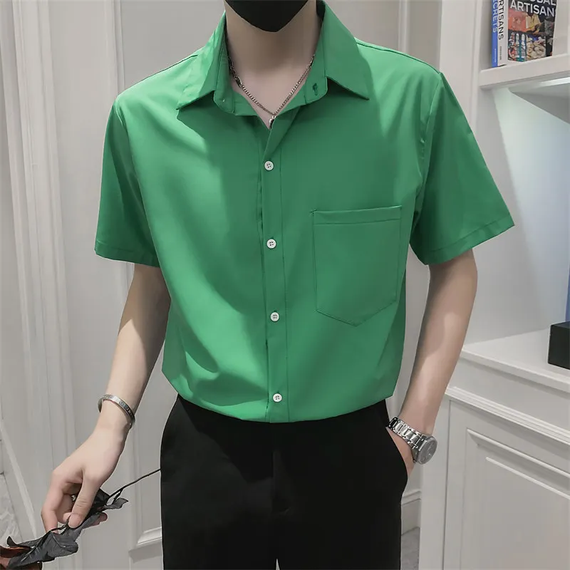 

2023 Summer Men's Fashion Short Sleeve Shirts Youth Loose Lapel Shirt College Style White/Green Black Color Retro Shirts S-3XL