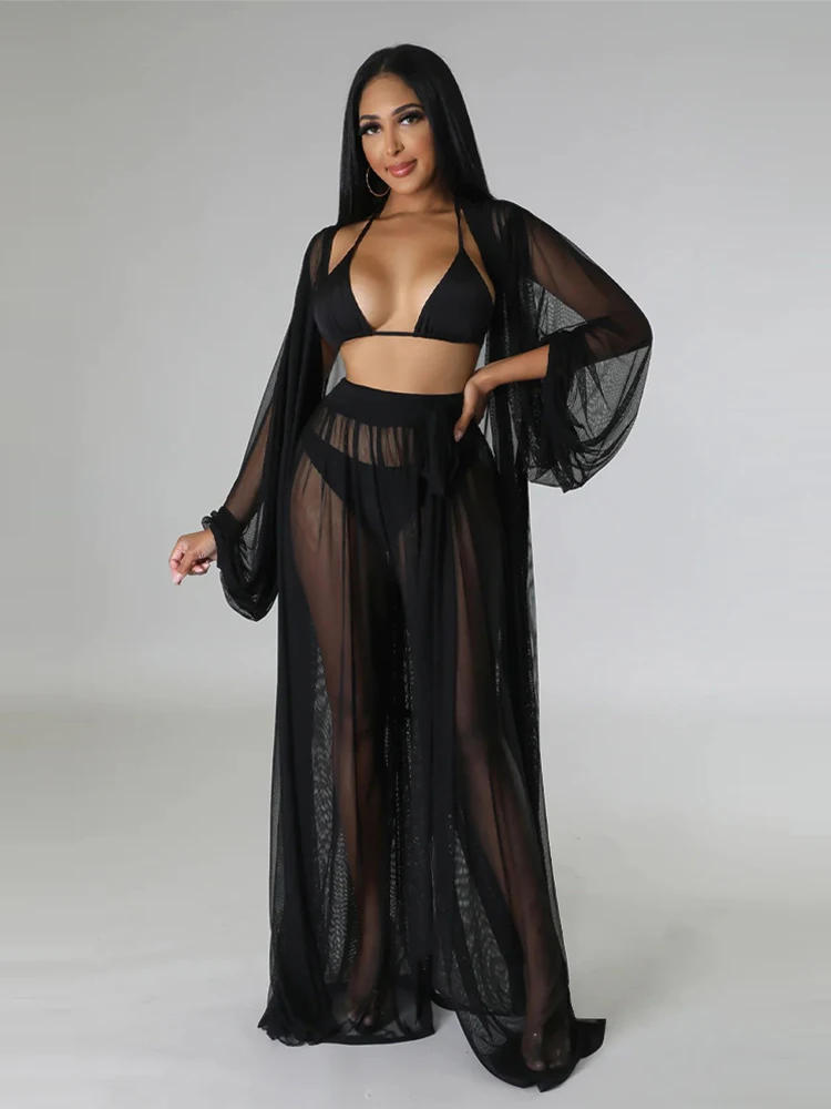 Женский прозрачный комплект из 2 предметов блузка с длинным рукавом и брюки