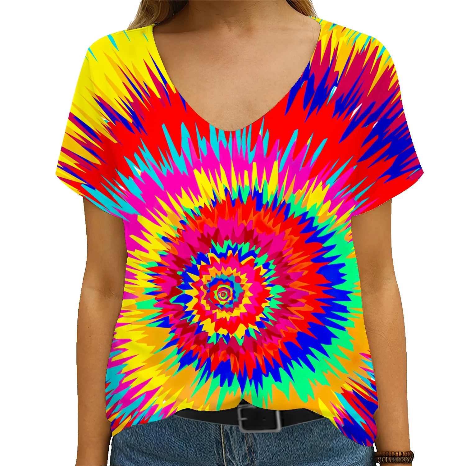 

Summer Hawaiian Hip Hop Oil Color Tie-Dye 3D Printed Women's Cotton T-Shirt V-Neck Oversize Loose Casual Short Sleeves