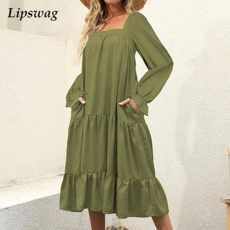 

Sexy Square Neck Party Dress Women 2023 Fashion Long Sleeve Straight Dress Office Lady Autumn Casual Loose Beach Dresses Vestido