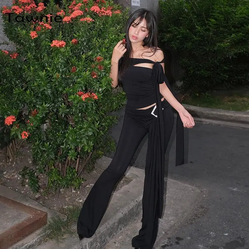 

Женский комплект из 2 предметов Tawnie, однотонный пикантный короткий Топ без бретелек, расклешенные брюки, летний Повседневный Женский комплект Y2K, 2023